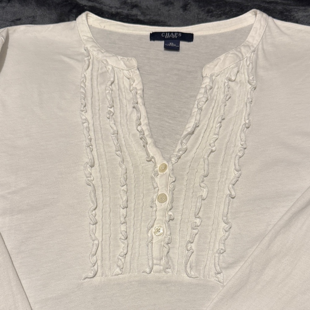 Chaps Women's White Vintage Long Sleeve Ruffle Blouse 100% Cotton Comfort